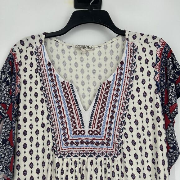 One World Boho Top Cream Blue Short Flutter Sleeve Mixed Pattern Split Neck Sz L - Picture 2 of 9